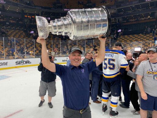 St. Louis Blues Team Chiropractor Dr. Mike Murphy Hoists the Stanley Cup on the Ice in June 2019 St. Louis Blues Team Chiropractor Dr. Mike Murphy Hoists the Stanley Cup on the Ice Following the Franchise's First Championship in June 2019