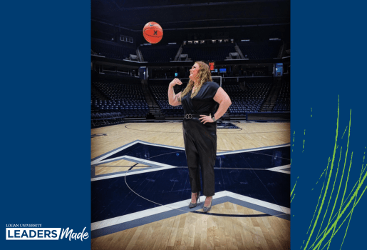 Sierra Girton throws a basketball into the air while standing on a basketball court
