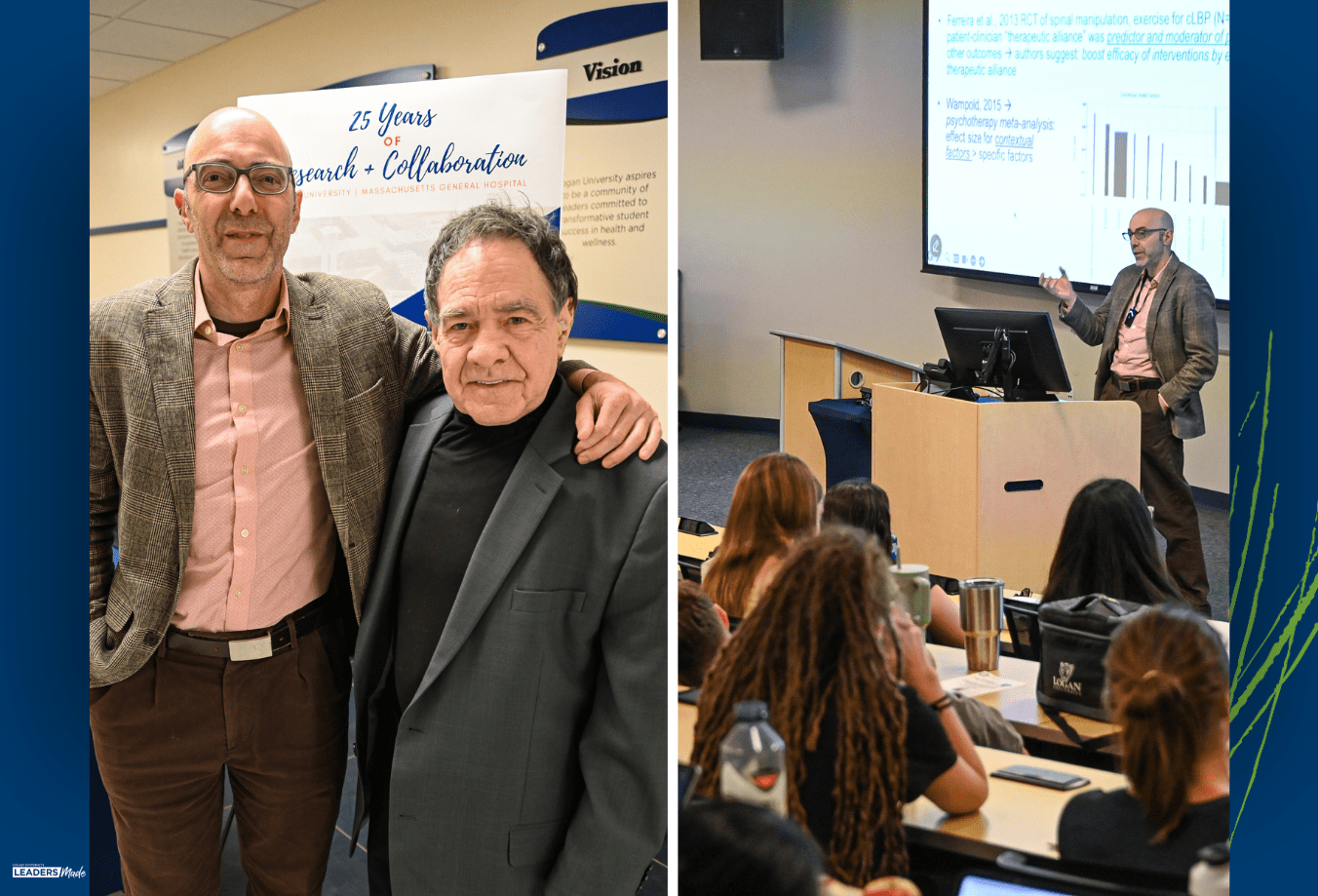 Drs。 Norman Kettner and Vitaly Napadow standing together at the 18th Annual Howe Oration. The second photo shows a Dr. Napadow presenting research data on a large screen to an audience seated in a lecture hall at 威尼斯人app.