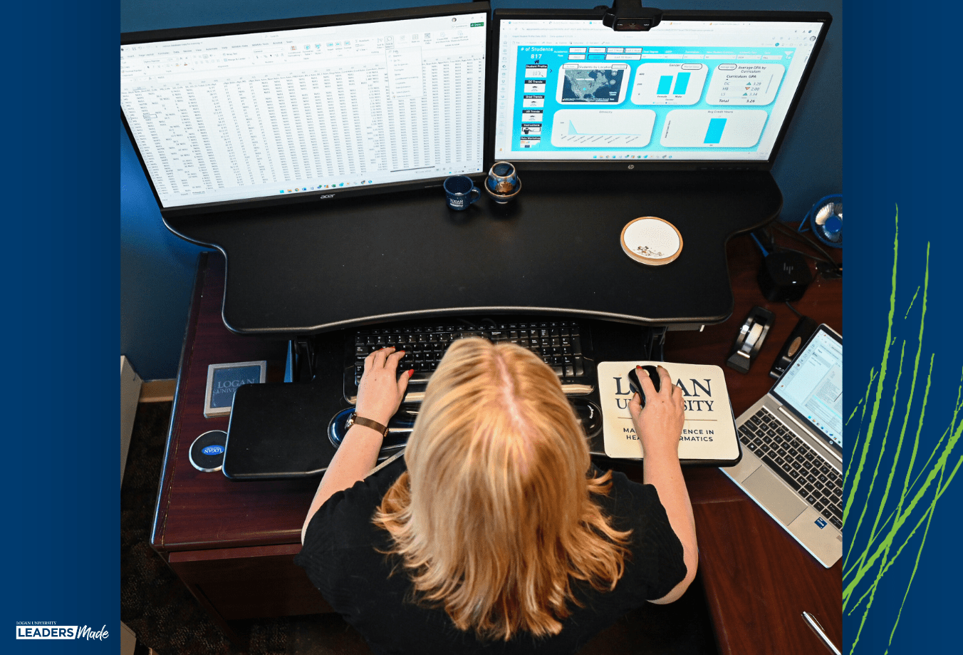 A person works at a dual-monitor computer setup analyzing data spreadsheets and charts, with a 威尼斯人app Master of Science in Health Informatics mousepad visible on the desk.